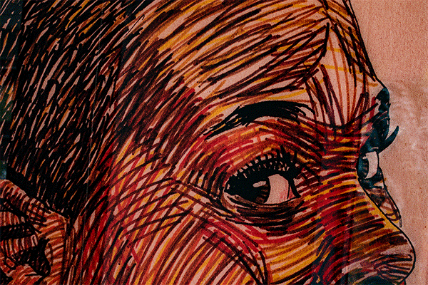 An art piece displaying the top half of a person’s face sketched with dark black, brown, yellow, and red markings. The person’s eyes, nose, eyebrows, and one ear are visible.