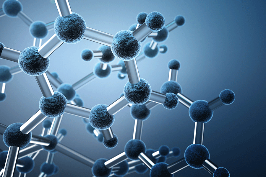 An image of blue-gray chemical molecules linked together