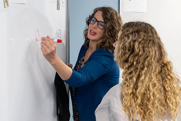 Female professor writing on a white board as a female student with back turned away from the camera looks on during a language class. 